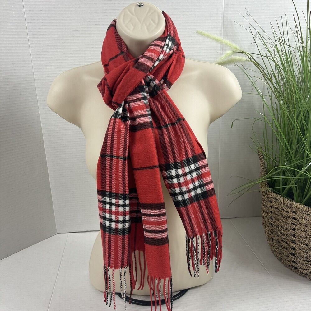 Tartan 100% Cashmere Made in Scotland Scarf Red Black And White Plaid 13" By 70"